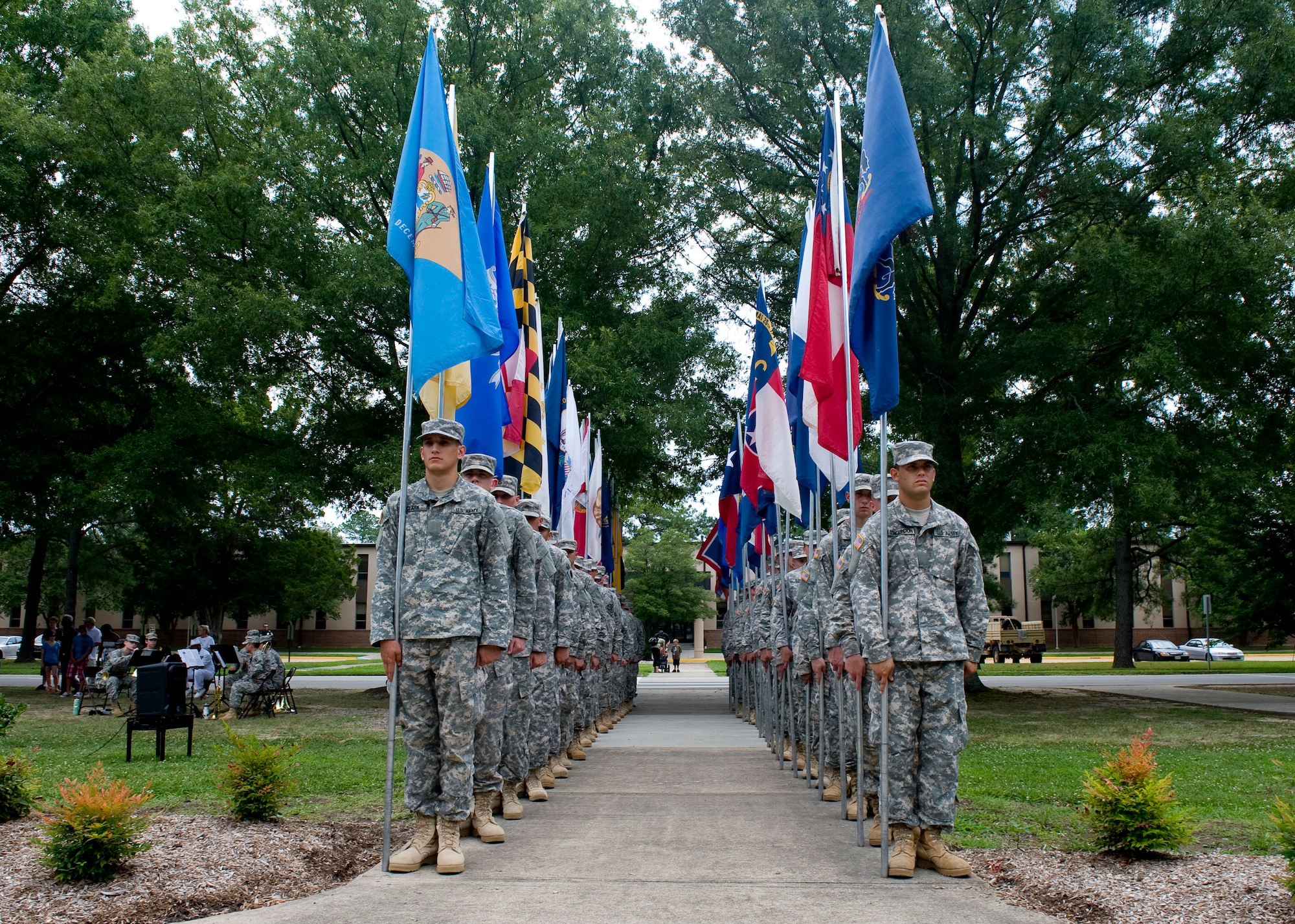 Soldiers, family members and guests gather for the Independence Day celebration at Seay Plaza, Ft. Eustis, Va., July 4, 2012. U.S. Army regulations mandate each Army installation will perform a ceremony annually on July 4, in honor of Independence Day. (U.S. Air Force photo by Senior Airman John D. Strong II/Released)