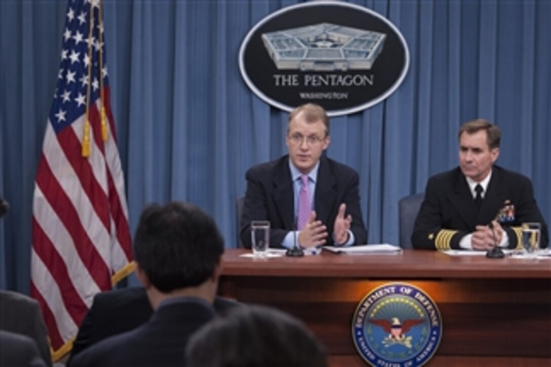 Acting Assistant Secretary of Defense for Public Affairs George Little and Deputy Secretary of Defense for Media Operations Capt. John Kirby brief the press in the Pentagon on July 12, 2012.  