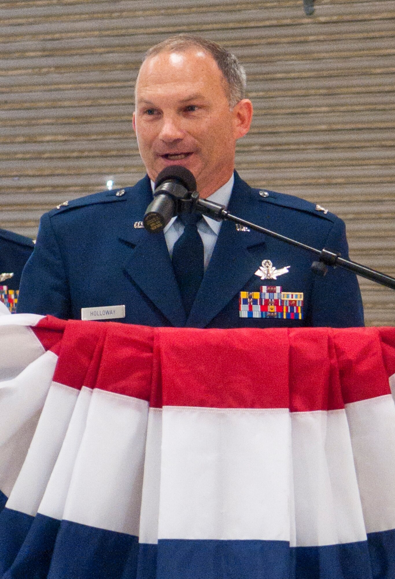 Col. Donald Holloway, 90th Operations Group commander, gives a speech after he officially became the 90th OG commander during an assumption-of-command ceremony July 6 in building 1250 at F. E. Warren Air Force Base, Wyo. (U.S. Air Force photo by Airman 1st Class Jason Wiese)