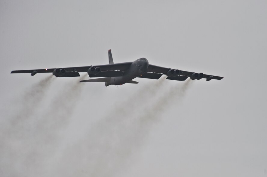 A B-52H Stratofortress takes off from Barksdale Air Force Base, La., July 13. The Aircraft departed to participate in the Red Flag exercise at Nellis AFB, Nev. Red Flag provides realistic combat scenarios for aircrews from the U.S., NATO and allied countries. The B-52H is classified as a long-range, heavy bomber and is capable of flying 8,800 miles without being refueled by another aircraft. (U.S. Air Force photo/Airman 1st Class Micaiah Anthony)(RELEASED)