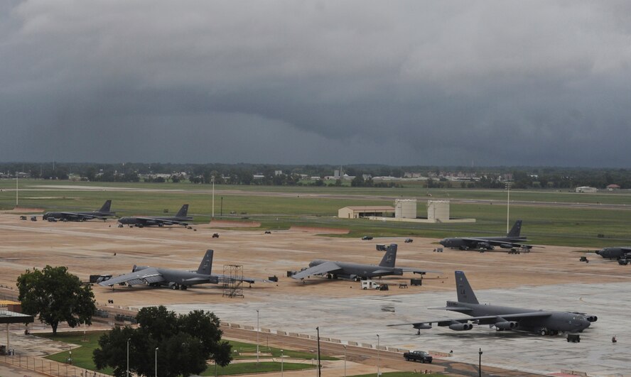 Maintenance Airmen work on B-52H Stratofortress Bombers on Barksdale Air Force Base La., July 12. The Airmen worked around-the-clock to ensure all aircraft participating in the Red Flag exercise were ready for departure. Red Flag provides realistic combat scenarios for aircrews from the U.S., NATO and allied countries. (U.S. Air Force photo/Airman 1st Class Micaiah Anthony)(RELEASED)