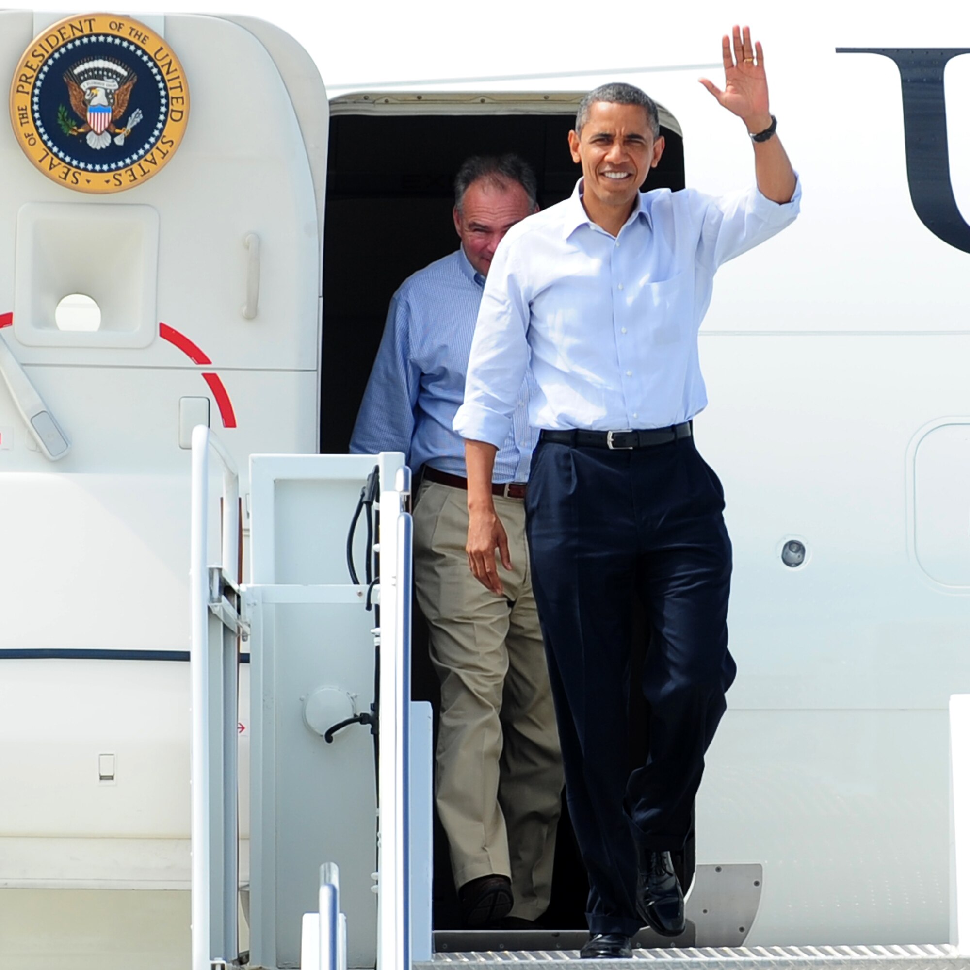 President Barack Obama disembarks Air Force One at Langley Air Force Base, Va., July 13, 2012.  The president visited Hampton during his campaign tour throughout Virginia this weekend. (U.S. Air Force photo by Airman 1st Class Kayla Newman/Released)