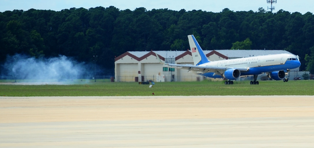 Air Force One lands on the flight line at Langley Air Force Base, Va., July 13, 2012. The president's two-day campaign swing through Virginia includes stops in Virginia Beach, Hampton, Roanoke and the Richmond area. (U.S. Air Force photo by Airman 1st Class Kayla Newman/Released)