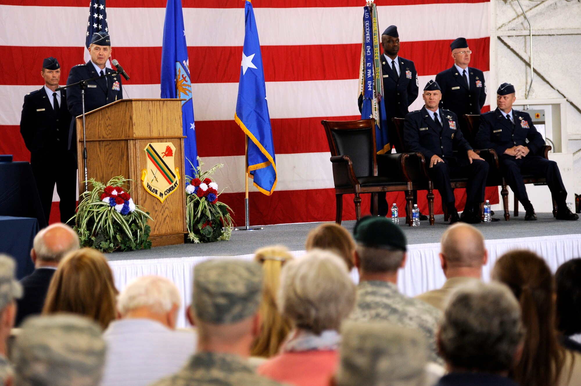 U.S. Air Force Lt. Gen. Stephen Hoog, Alaskan Command and 11th Air Force commander, officiates the 354th Fighter Wing change of command ceremony July 13, 2012, Eielson Air Force Base, Alaska.  During the ceremony, Brig. Gen. Mark Kelly assumed command from Brig. Gen. James Post III. (U.S. Air Force photo/Staff Sgt. Jim Araos) 