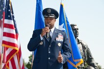 Lieutenant General David S. Fadok, commander and president of Air University presides over the 42nd Air Base Wing change of command, where former 42nd ABW commander Col. Brian Killough relinquishes command to incoming commander Col. Trent Edwards. (U.S. Air Force photo by Melanie Rodgers Cox)