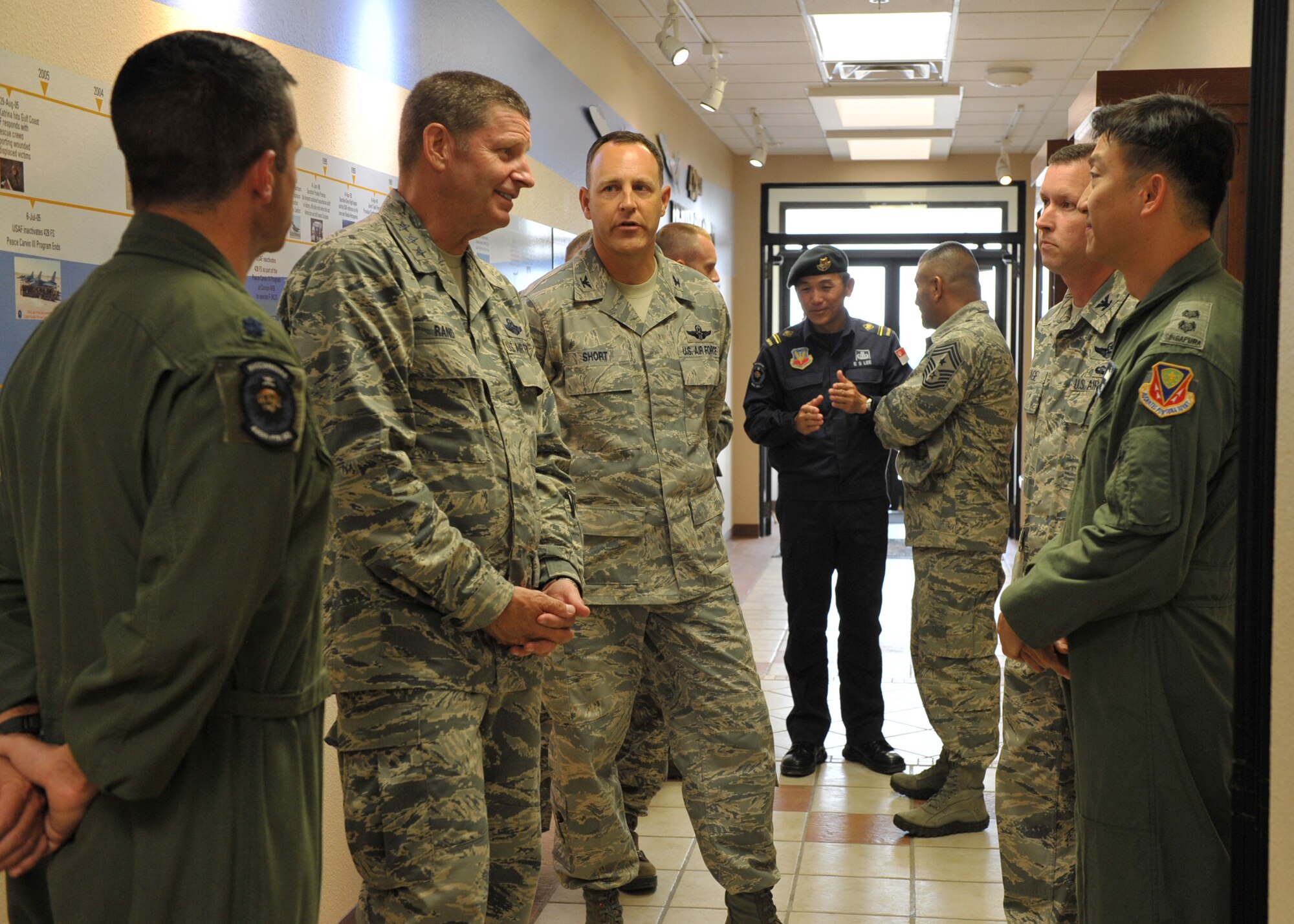 U.S. Air Force Lt. Gen. Robin Rand, 12th Air Force commander, speaks to Lt. Col. Linus Tan, 428th Republic of Singapore air force senior ranking officer, about the importance of Peace Carvin V detachment July 10, 2012, at Mountain Home Air Force Base, Idaho. The detachment of approximately 16 U.S. Air Force, 250 Republic of Singapore Air Force personnel, and 95 contractors to include pilots, weapons system officers and ground crew, will undergo air-to-air and air-to-ground training and development programs. (U.S. Air Force photo/Airman 1st Class Heather Hayward)