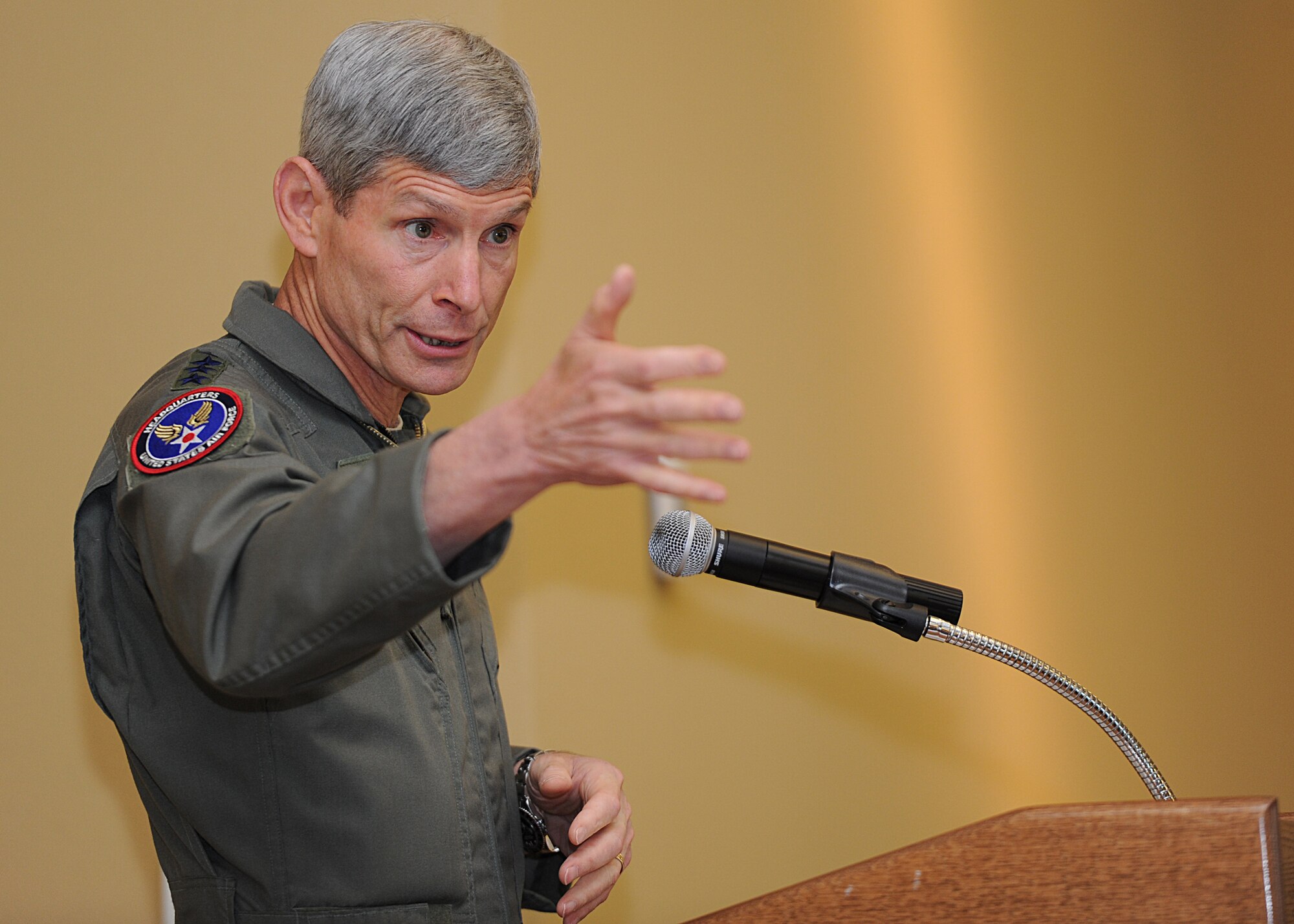 Air Force Chief of Staff Gen. Norton Schwartz speaks to members of the Air Force Association and the Air Commando Association at Hurlburt Field, Fla., July 12, 2012. Schwartz visited the base to meet with Air Force Special Operations Command leaders and airmen. During the visit, he flew his last flight as an active duty officer on an MC-130E Combat Talon I. The MC-130E crew conducted a local training sortie during the mission. It also served as Schwartz's "fini flight" in the Air Force. (U.S. Air Force photo / Airman 1st Class Christopher Williams) (Released)