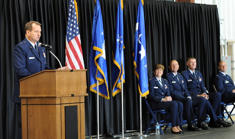Brig. Gen. H. Brent Baker Sr. speaks during the Ogden Air Logistics Center re-designation ceremony at Hill Air Force Base July 12. Baker assumed command of the Ogden Air Logistics Complex during the same ceremony. (U.S. Air Force photo/Alex Lloyd)