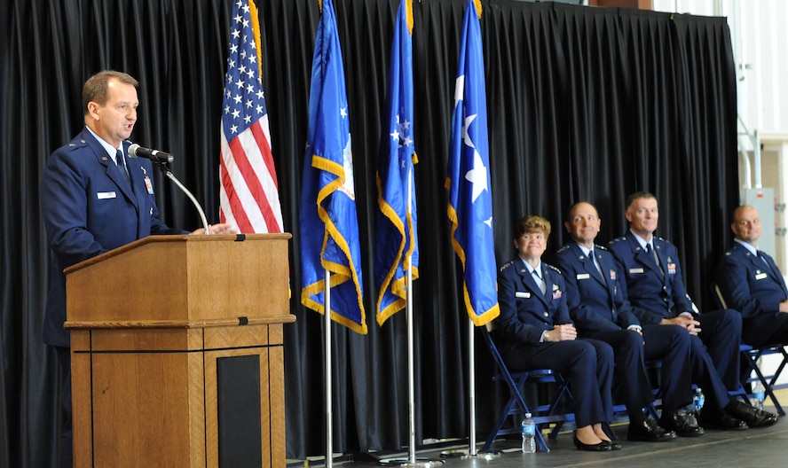 Brig. Gen. H. Brent Baker Sr. speaks during the Ogden Air Logistics Center re-designation ceremony at Hill Air Force Base, Utah July 12. Baker assumed command of the Ogden Air Logistics Complex during the same ceremony. (U.S. Air Force photo/Alex Lloyd)