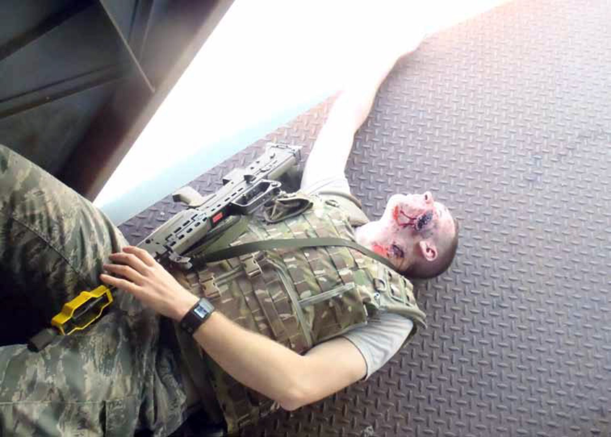 Tech. Sgt. Kyle Platt is pictured as a victim at a mock MEDEVAC crash site during Serpent Rise 12, from May 12 to 26. (U.S. Air Force photo)
