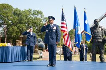 Lieutenant Gen. David S. Fadok, commander and president of Air University presides over the 42nd Air Base Wing change of command, where 42nd ABW commander Col. Brian Killough relinquishes command to Col Trent Edwards. (U.S. Air Force photo by Melanie Rodgers Cox)