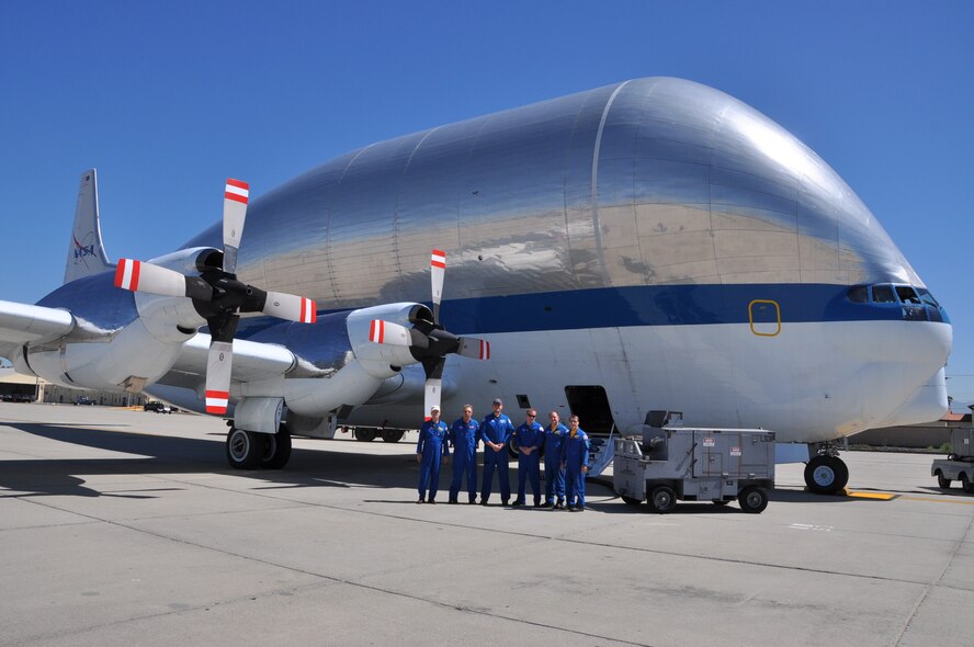 The Super Guppy landed at March ARB for a gas-and-go while en route to Travis Air Force Base, Calif, on June 28. The crew was transporting parts of the space shuttle for NASA which will later be reassembled and placed on display at the Museum of Flight in Seattle, Wash. (U.S. Air Force photo by Linda Welz) 
