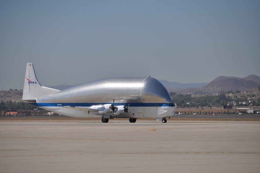 The Super Guppy landed at March ARB for a gas-and-go while en route to Travis Air Force Base, Calif, on June 28. The crew was transporting parts of the space shuttle for NASA which will later be reassembled and placed on display at the Museum of Flight in Seattle, Wash. (U.S. Air Force photo by Linda Welz) 