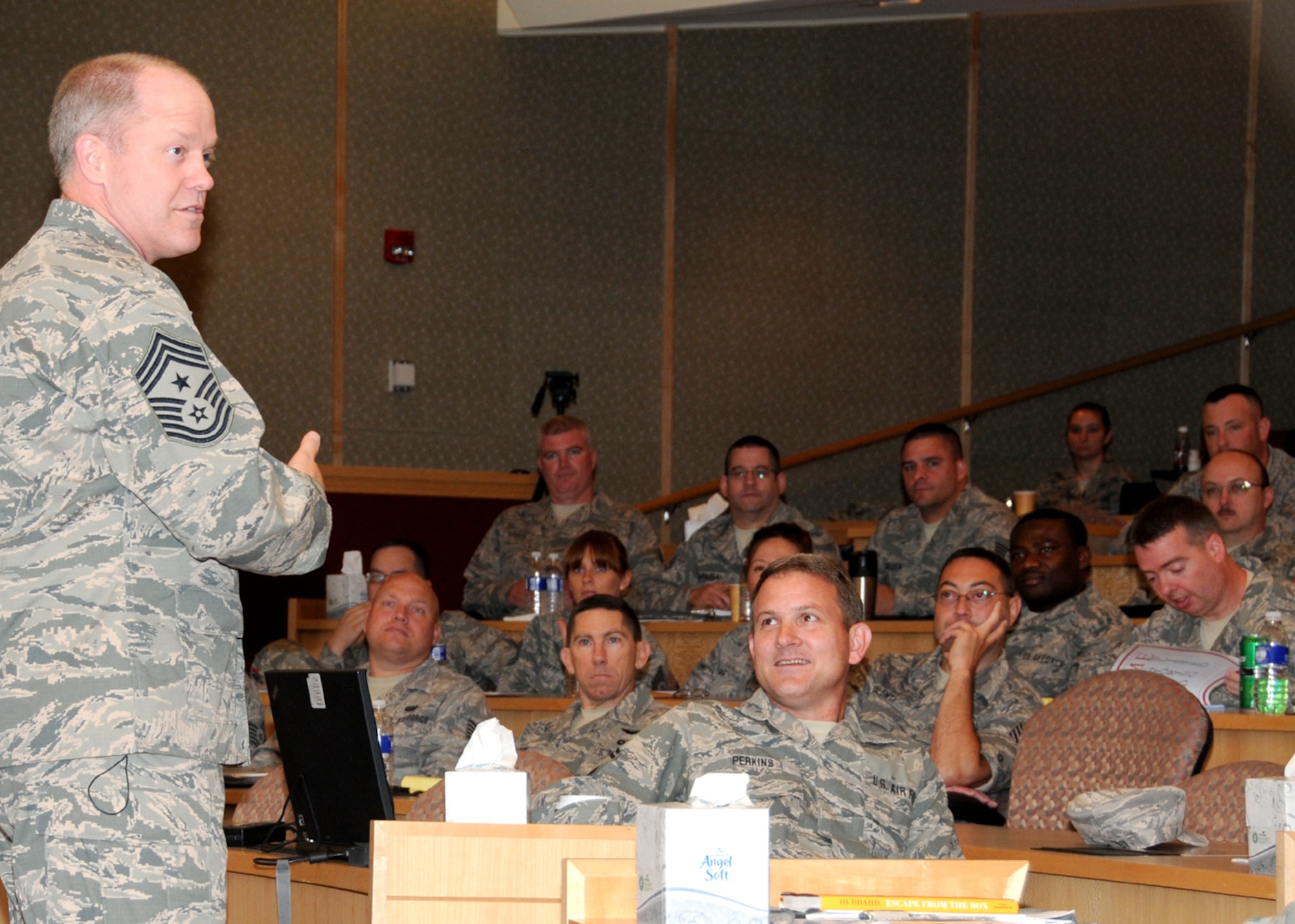 More than 130 staff and technical sergeants from the Massachusetts Air National Guard and two sergeants from each New England state, listen to Chief Master Sgt. Christopher Muncy, Air National Guard Command Chief, at the Southbridge Hotel & Conference Center for an inaugural 3-day workshop specifically targeted to the E-5 and E-6 ranks on July 11.  The workshop was titled “TIME” (Technical Sergeants Involved and Mentoring Enlisted Airmen) and primarily focused on building strength in enlisted mentorship, leadership, force development and diversity. (Air National Guard photo by Tech. Sgt. Melanie J. Casineau/Released) 