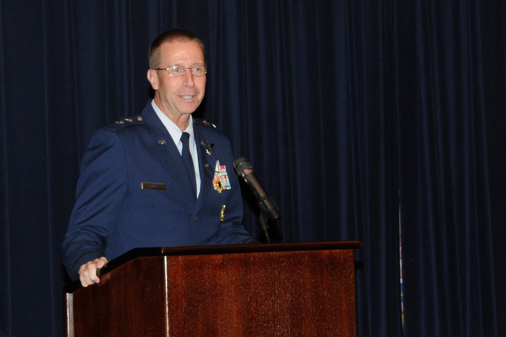 Maj. Gen. Mark Solo, 19th Air Force commander, speaks at his retirement ceremony at Joint Base San Antonio-Randolph, Texas, July 13.  Solo's retirement came the day after the inactivation of the 19th AF. (U.S. Air Force photo by Don Lindsey) 
