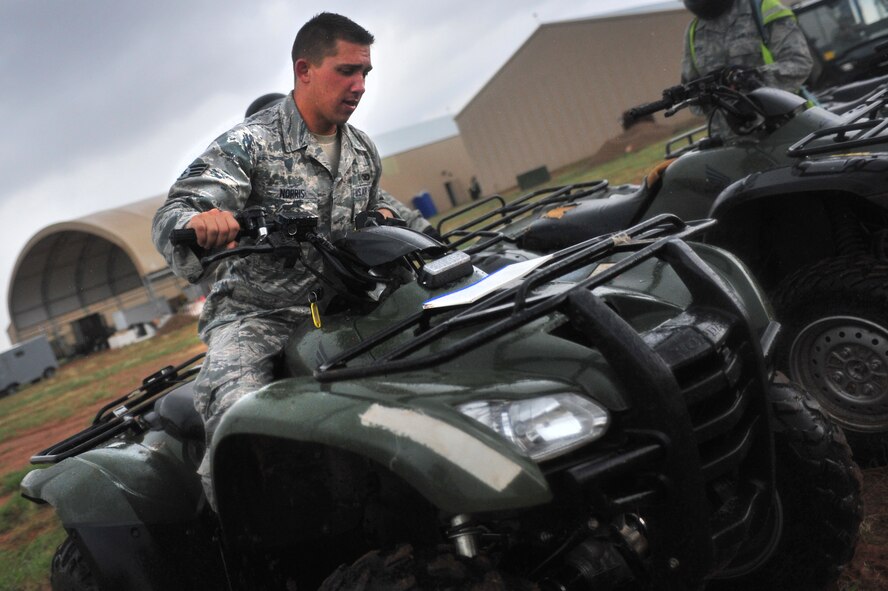 U.S. Air Force Senior Airman Richard Norris, 27th Special Operations Security Force Squadron, shows students how to properly shift body weight while operating All Terrain Vehicles during a course held at Cannon Air Force Base, N.M., July 10, 2012. The course provides required certification for members to utilize ATVs on the installation. (U.S. Air Force photo by Airman 1st Class Alexxis Pons Abascal) 