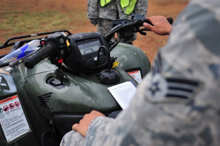 U.S. Air Force Senior Airman Richard Norris, 27th Special Operations Security Force Squadron, explains various components of All Terrain Vehicles during a course held at Cannon Air Force Base, N.M., July 10, 2012. The course provides required certification for members to utilize ATVs on the installation. (U.S. Air Force photo by Airman 1st Class Alexxis Pons Abascal) 