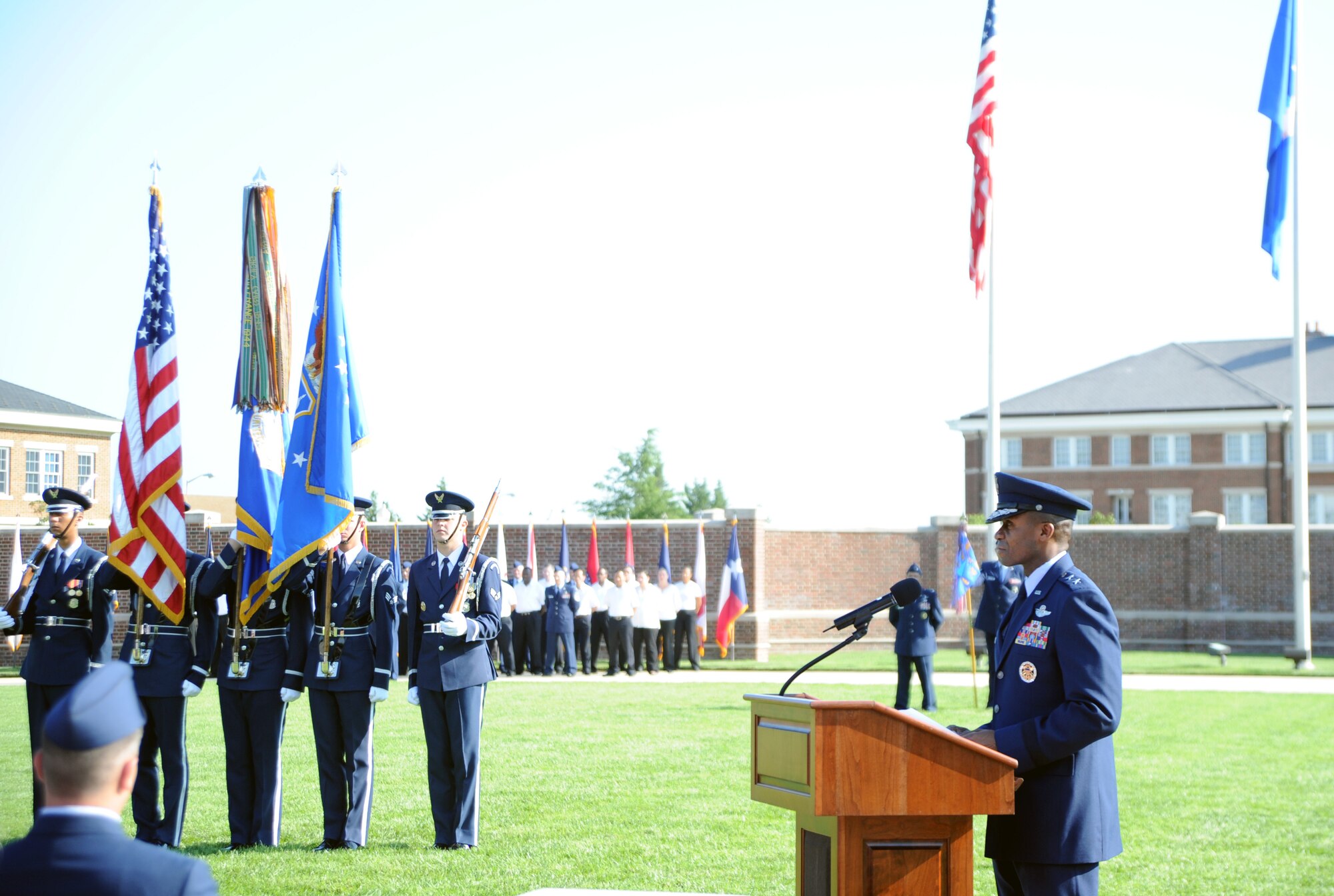 Air Force District of Washington Commander Maj. Gen. Darren W. McDew speaks July 12 at the 844th Communications Group change-of-command ceremony. Col. Anthony J. Thomas relinquished command of the 844th CG to Col. Kevin M. Payne on the Air Force Ceremonial Lawn, Joint Base Anacostia-Bolling, Washington, D.C. (U.S. Air Force photo by Airman 1st Class Tabitha N. Haynes)