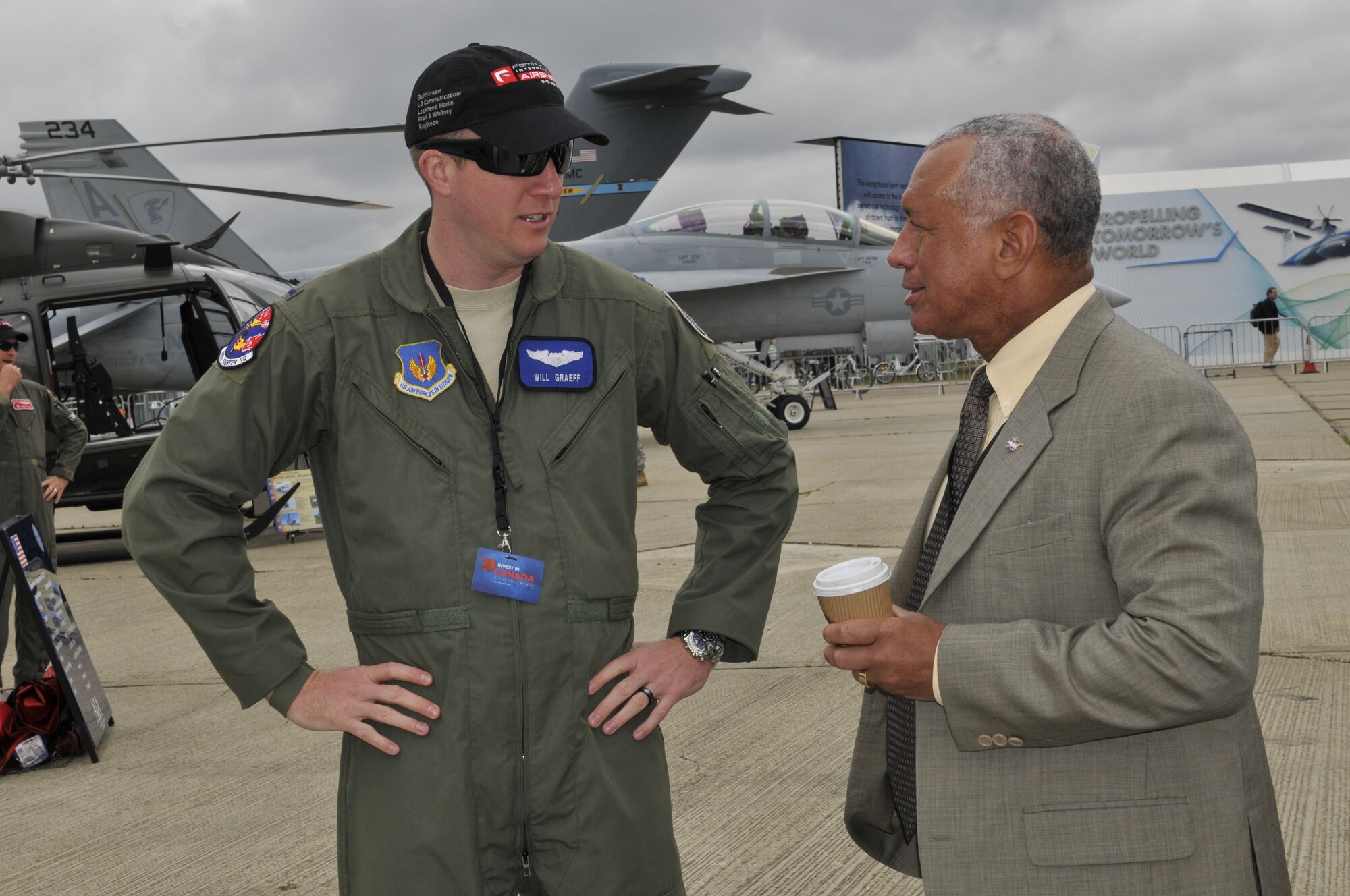 FARNBOROUGH, England - Charles Bolden, National Aeronautics and Space Administration administrator, talks with 1st Lt. William Graeff, 492nd Fighter Squadron pilot, July 10, 2012, during the Farnborough International Air Show in Farnborough, England. Approximately 90 aircrew and support personnel from bases in Europe and the United States are participating in the air show. Participation in this premier event demonstrates that U.S. defense industry offers state-of-the-art capabilities vital for the support and protection of our allies? and partners? national-security interests. (U.S. Air Force photo by Tech. Sgt. Lee A. Osberry Jr.)
