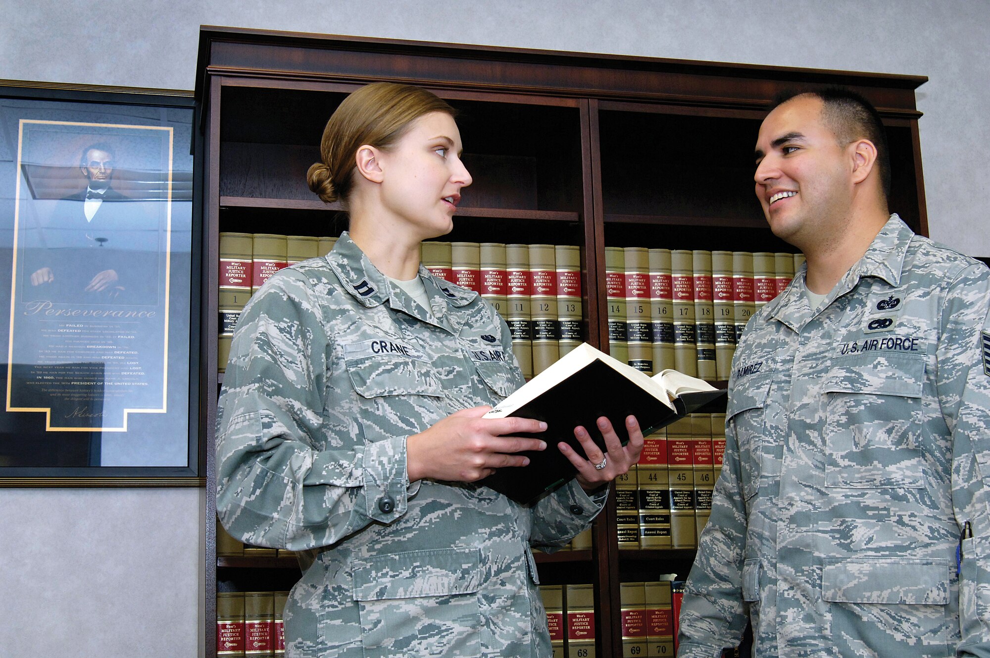 The new Area Defense Counsel team of attorney Capt. Elizabeth Crane and paralegal Tech. Sgt. Albert Ramirez provide legal advice and defense for all ranks of Airmen.  The ADC office is located in Bldg. 1, Door B. (Air Force photo by Margo Wright)