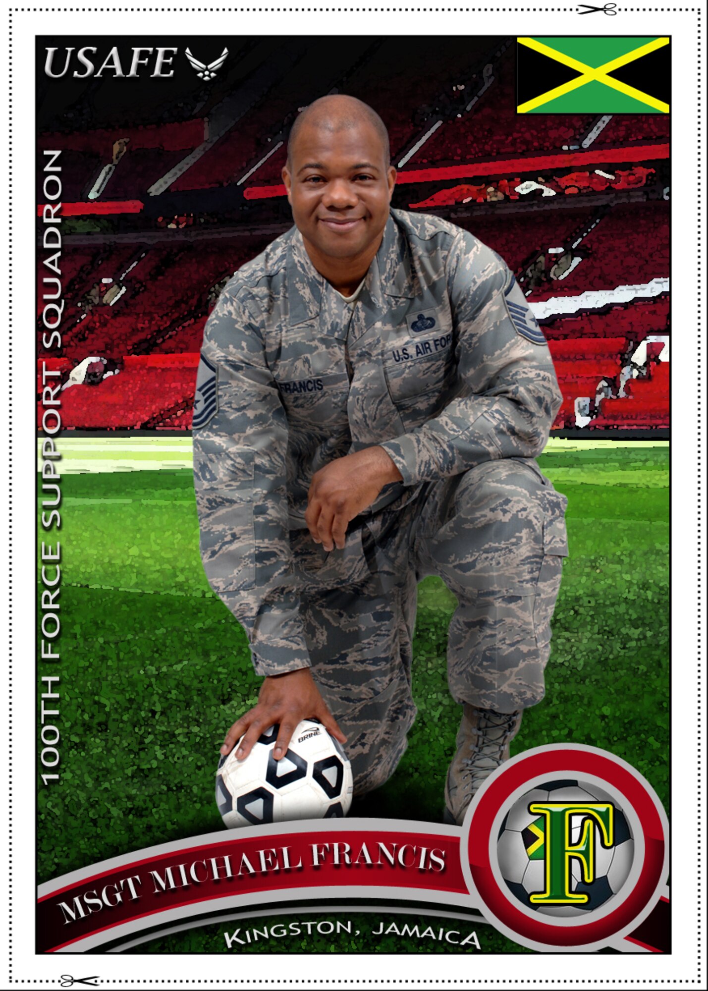 Master Sgt. Michael Francis, 100th Force Support Squadron, describes how he believes standing as one, the Air Force is strong, and relays his excitement for the upcoming Olympic Games. Francis is the 100th FSS Food Service section chief and hails from Kingston, Jamaica. “If I could watch any two countries play each other at the Olympic event it would be America vs. Jamaica in the 100-meter and 200-meter dash because that would reveal the bests two countries of these events putting their dedication, spirit and intense energy in these events with superb sportsmanship,” he said. (U.S. Air Force photo illustration/Tony Dineen)