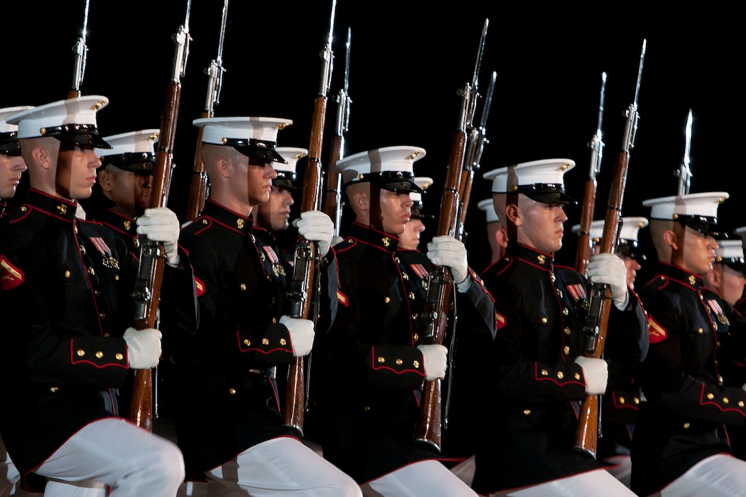 The Marine Corps Silent Drill Platoon performs during a Friday Evening Parade at Marine Barracks Washington July 13.