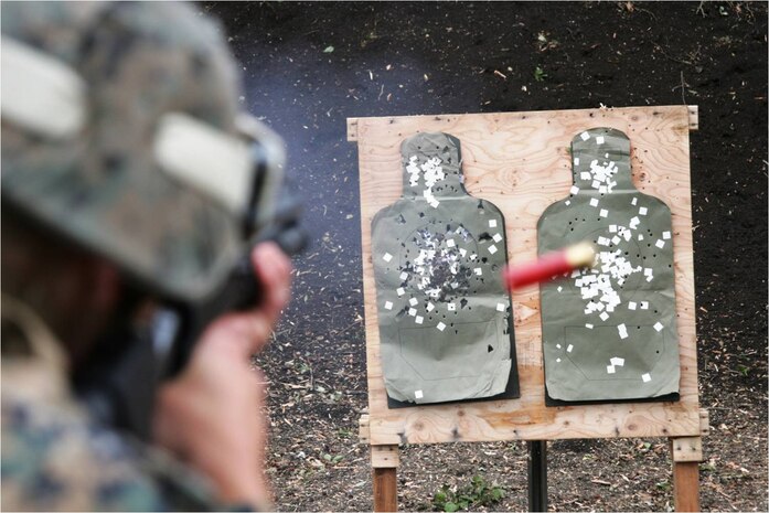 A Combat Logistics Company 36 Marine fires an M1014 Joint Service Combat Shotgun at his target during shotgun training at Combined Arms Combat Training Center during Exercise Dragon Fire II at Camp Fuji, Japan, July 13, 2012. The M1014 is an Italian-made, semi-automatic, gas operated 12-gauge shotgun using the same automatic regulating gas operating technology as the M16 service rifle.