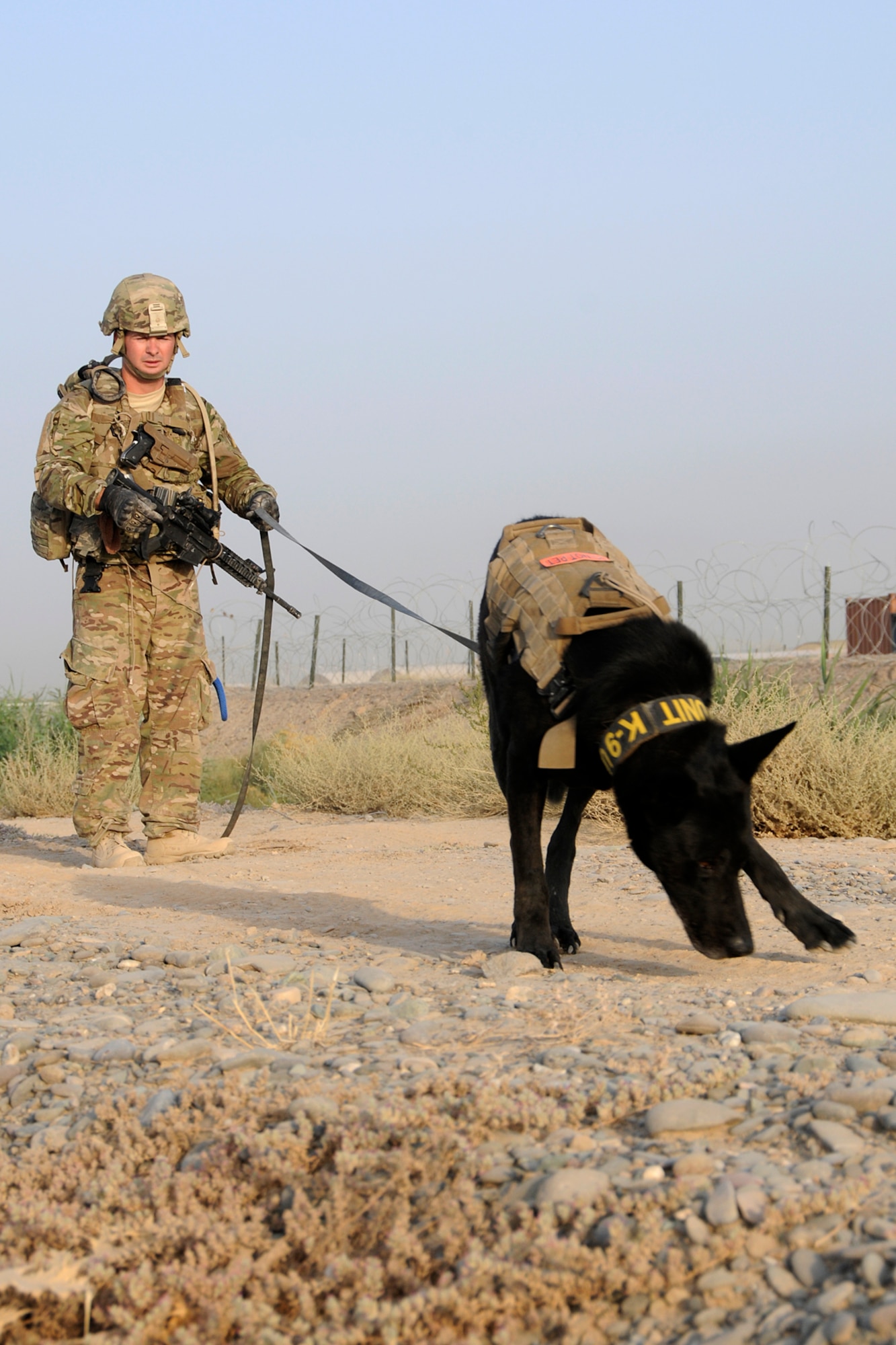 U.S. Air Force Staff Sgt. Larry Harris, a Military Working Dog handler, and his dog, Aaron, run through a training exercise looking for simulated explosives buried along a road at Kandahar Airfield, Afghanistan on July 9, 2012. The handlers and their dogs rotate through Kandahar Airfield for validation prior to moving out to Forward Operating Bases around the country where they will lead combat foot patrols and sniff out IEDs and other explosives. (U.S. Air Force photo/TSgt. Stephen Hudson) 