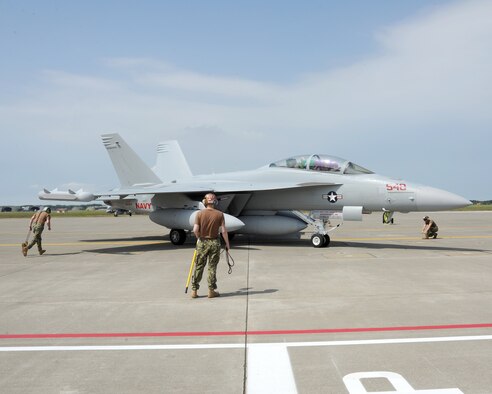 Electronic Attack Squadron (VAQ) 132 crew members conduct post-flight checks on an EA-18G Growler upon its arrival at Naval Air Facility Misawa, Japan, July 14, 2012.  VAQ-132 is beginning a six-month deployment on board NAF Misawa and will operate largely from this northern Japan-located U.S. naval installation.  (U.S. Navy photo by Senior Chief Mass Communication Specialist Daniel Sanford/Released)
