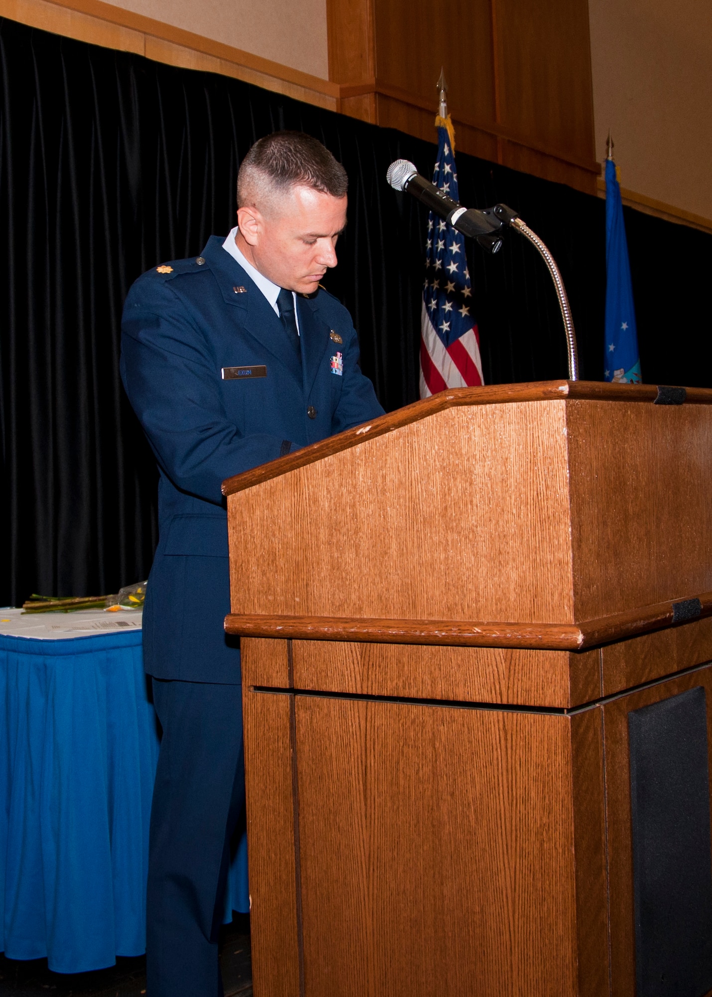 Maj. Jason Exum becomes the new 419th Logistics Readiness Squadron commander during a change of command ceremony here Saturday. (U.S. Air Force photo/Senior Airman Crystal Charriere)