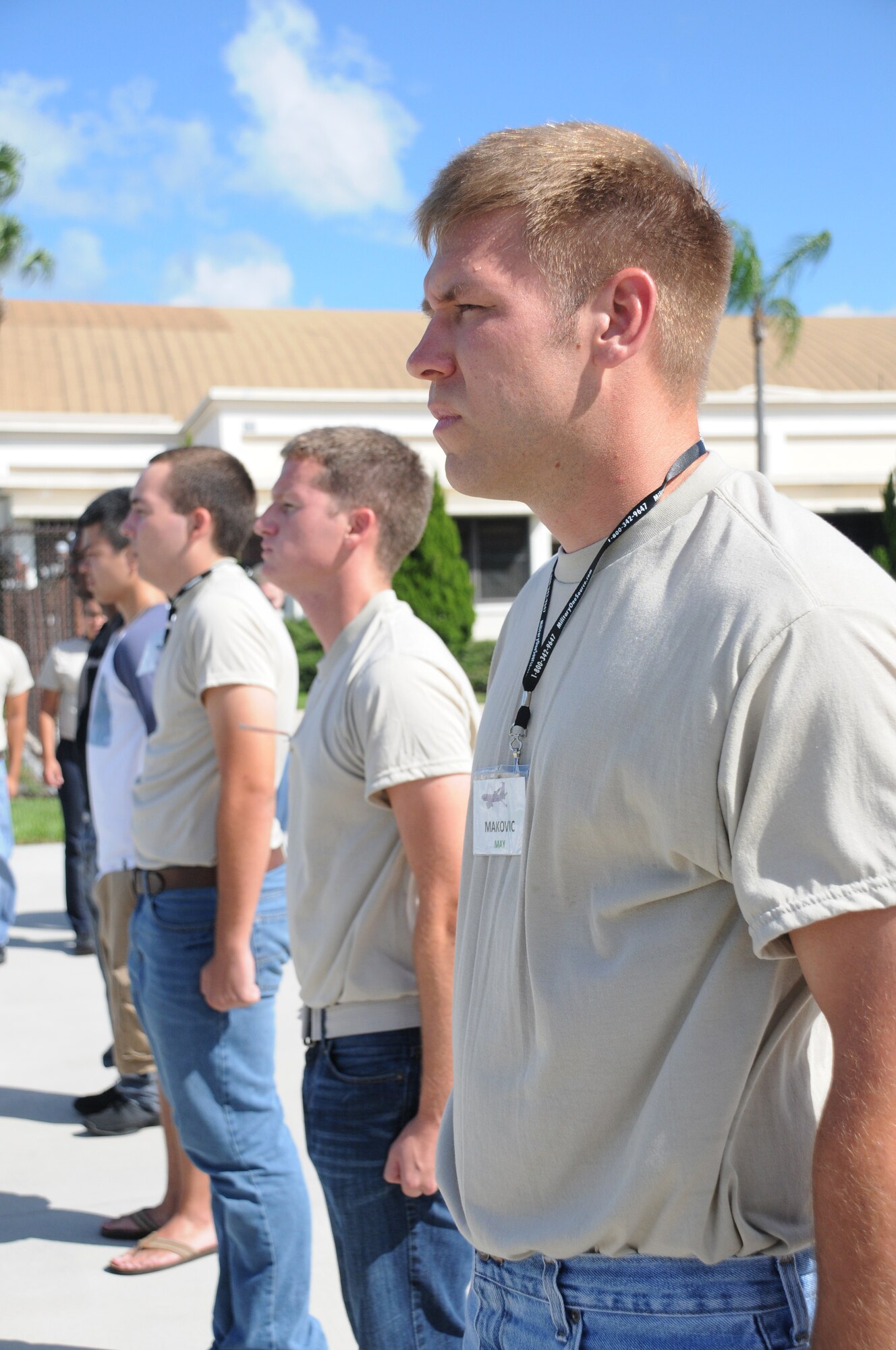 Luke Makovic, a Port Richey, Fla. native, stands at attention while learning drill exercises July 14, 2012 at MacDill Air Force Base, Fla.  Makovic is part of the 927th Air Refueling Wing's Development Training Flight, which prepares newly-enlisted members for Air Force basic military training. 