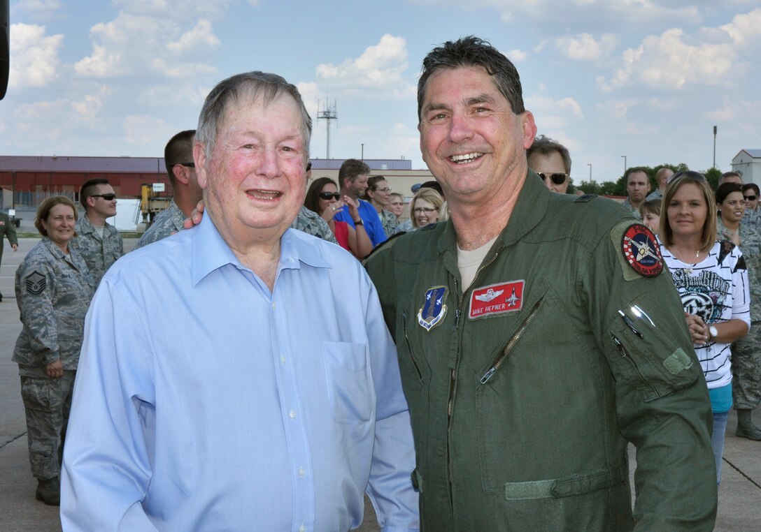 After taking his final flight in an F-16 Fighting Falcon, Brigadier General Michael Hepner, 138th Fighter Wing Commander, stands with his Father, Col Ed Hepner (ret.).  After 31 years of military service, Brig Gen Hepner will relinquish command of the 138th Fighter Wing at a ceremony to be held on the 4th of August 2012.  (U.S. Air Force Photo By:  MSgt Preston Chasteen)