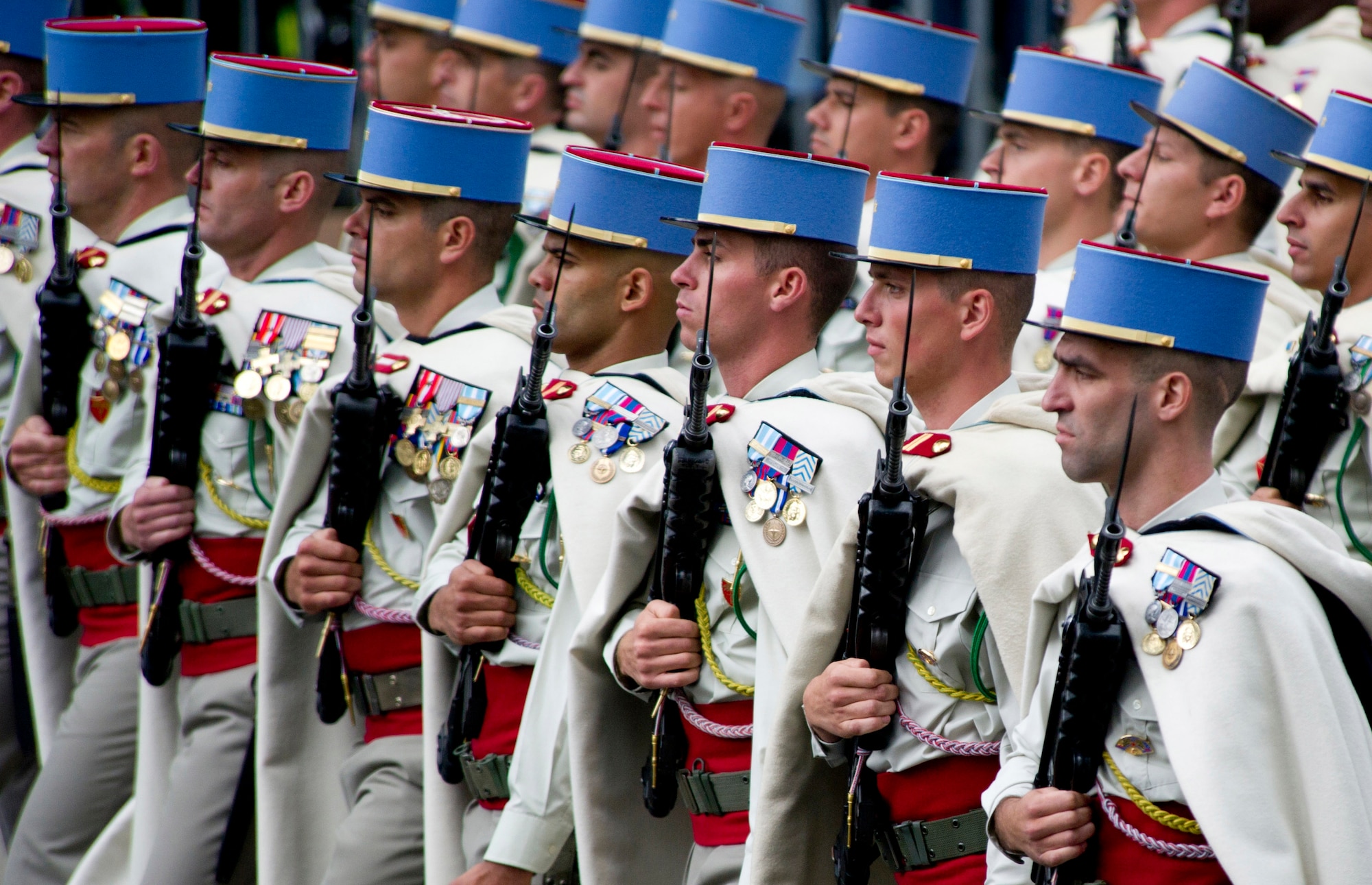 PARIS -- Soldiers from France?s First Regiment of ?Spahis? (a light cavalry regiment) march down Camps del Elysee during the 2012, 14th of July parade in Paris. The 14th of July, known in English by Bastille Day, is the French equivalent of the American 4th of July. It commemorates the attack on the Bastille on July 14, 1989, which preceded the French revolution. (U.S. Air Force photo/Staff Sgt. Benjamin Wilson)
