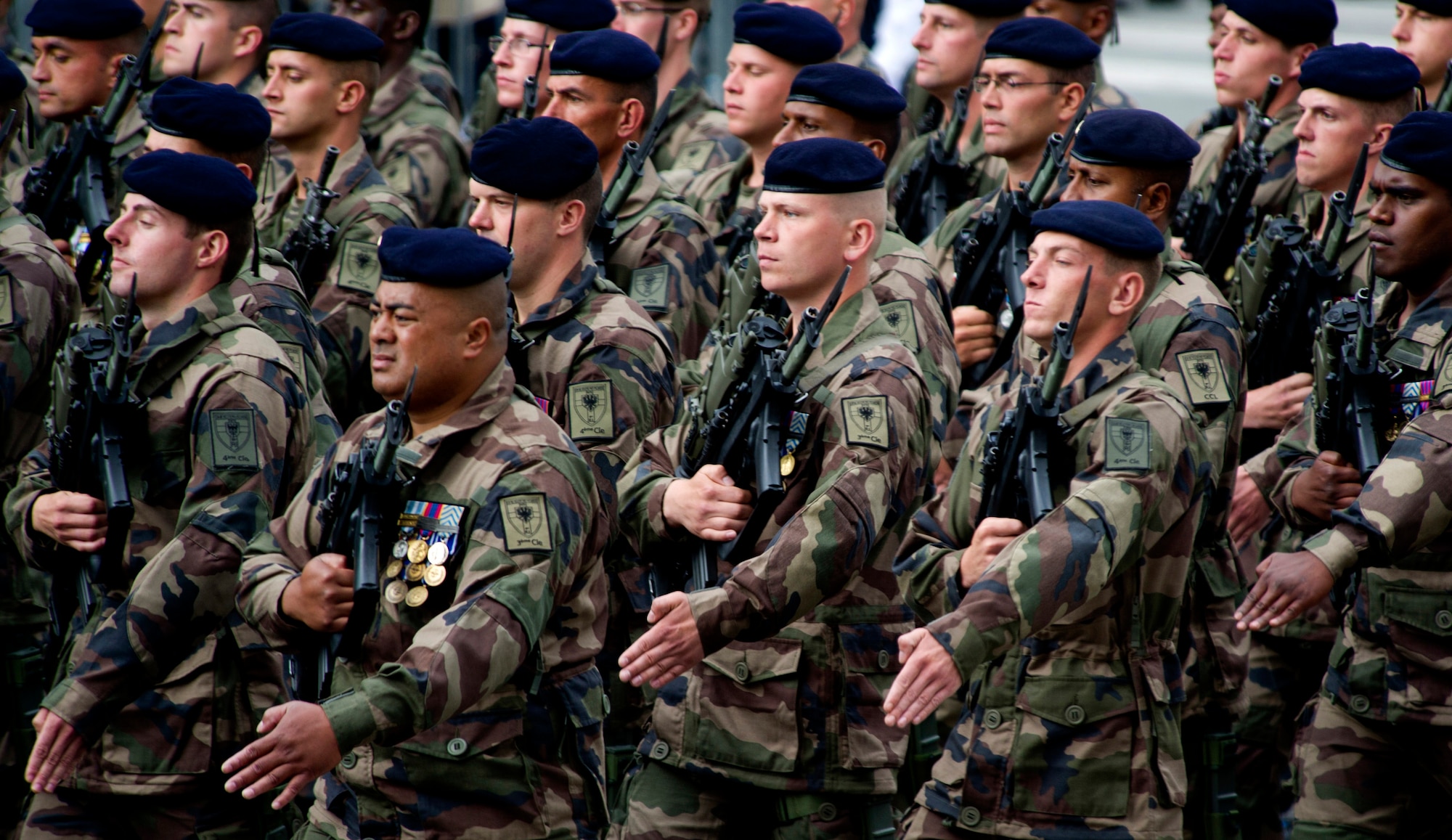 PARIS -- Soldiers from France?s First Infantry Regiment march down Camps del Elysee during the 2012, 14th of July parade in Paris. The 14th of July, known in English by Bastille Day, is the French equivalent of the American 4th of July. It commemorates the attack on the Bastille on July 14, 1989, which preceded the French revolution. (U.S. Air Force photo/Staff Sgt. Benjamin Wilson)