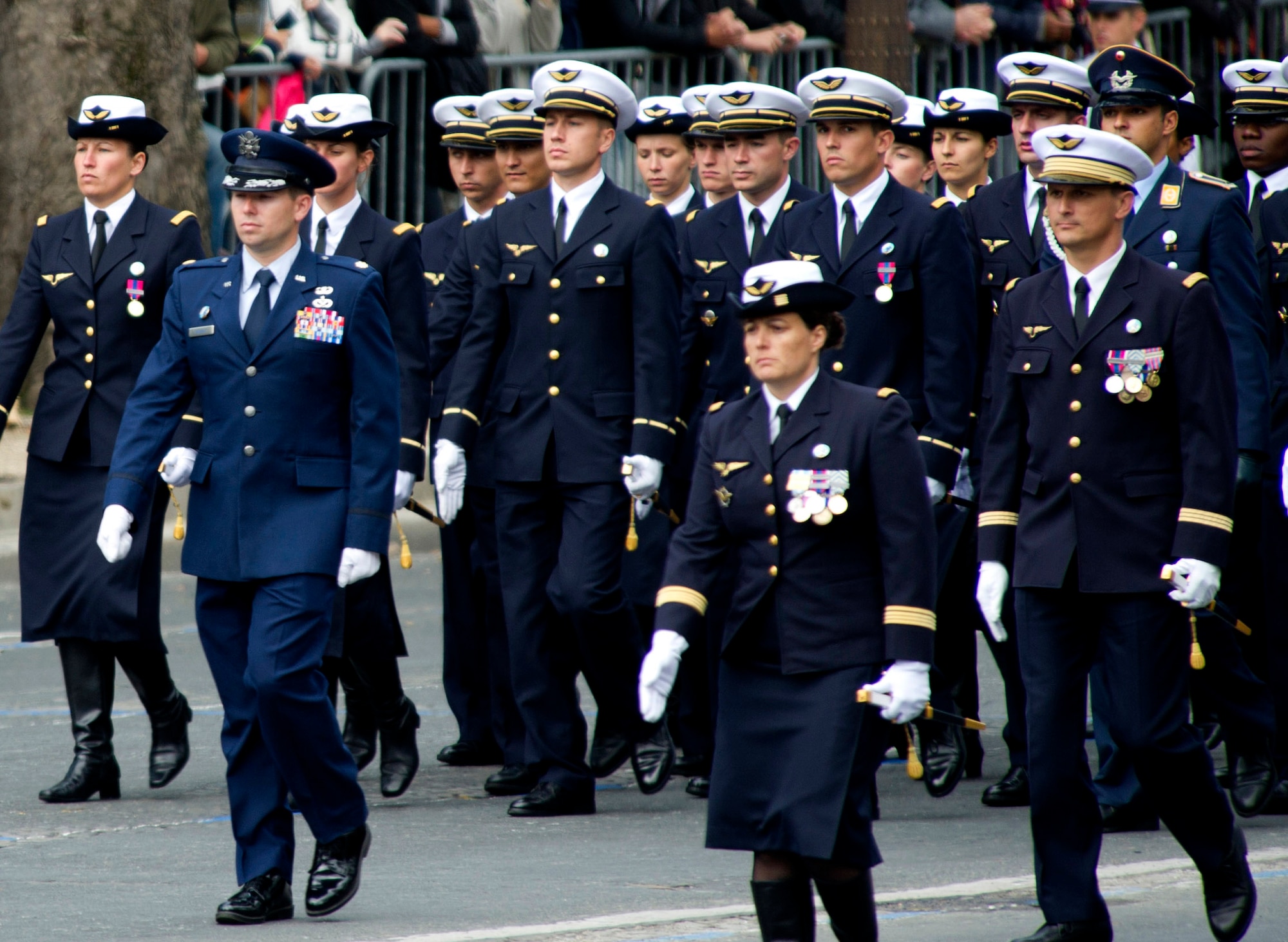 PARIS -- Cadets and their instructors from the French Air Force Academy march in the 2012, 14th of July parade. The 14th of July, known in English by Bastille Day, is the French equivalent of the American 4th of July. It commemorates the attack on the Bastille on July 14, 1989, which preceded the French revolution. (U.S. Air Force photo/Staff Sgt. Benjamin Wilson)
