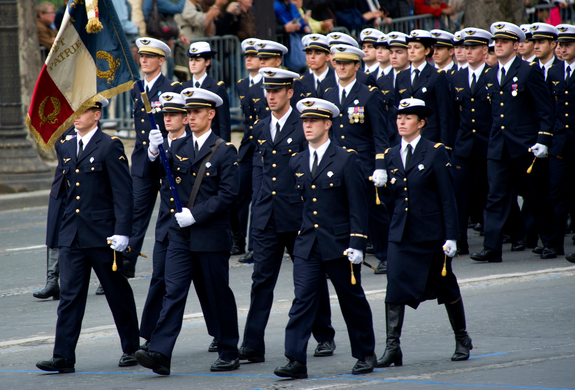 PARIS -- Cadets and their instructors from the French Air Force Academy march in the 2012, 14th of July parade. The 14th of July, known in English by Bastille Day, is the French equivalent of the American 4th of July. It commemorates the attack on the Bastille on July 14, 1989, which preceded the French revolution. (U.S. Air Force photo/Staff Sgt. Benjamin Wilson)