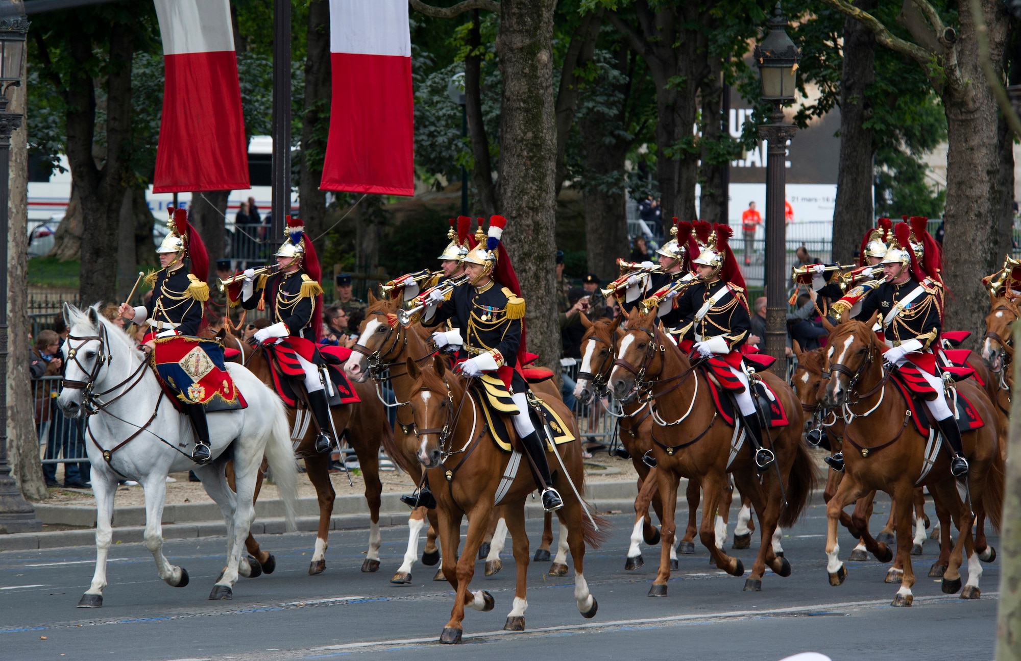PARIS -- Members of the French cavalry march down Camps del Elysee during the 2012, 14th of July parade in Paris. The 14th of July, known in English by Bastille Day, is the French equivalent of the American 4th of July. It commemorates the attack on the Bastille on July 14, 1989, which preceded the French revolution. (U.S. Air Force photo/Staff Sgt. Benjamin Wilson)