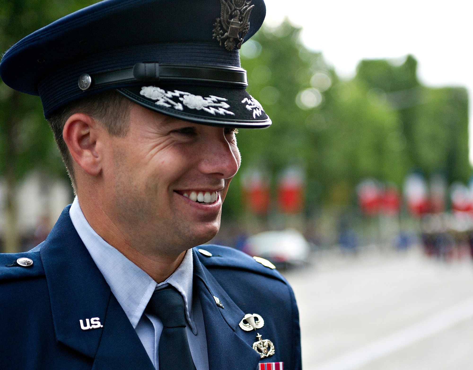 PARIS -- U.S. Air Force Maj. James Gingras, French Air Force Academy exchange officer, left, speaks with his cadets before marching in the 2012, 14th of July parade in Paris. The 14th of July, known in English by Bastille Day, is the French equivalent of the American 4th of July. It commemorates the attack on the Bastille on July 14, 1989, which preceded the French revolution. (U.S. Air Force photo/Staff Sgt. Benjamin Wilson)