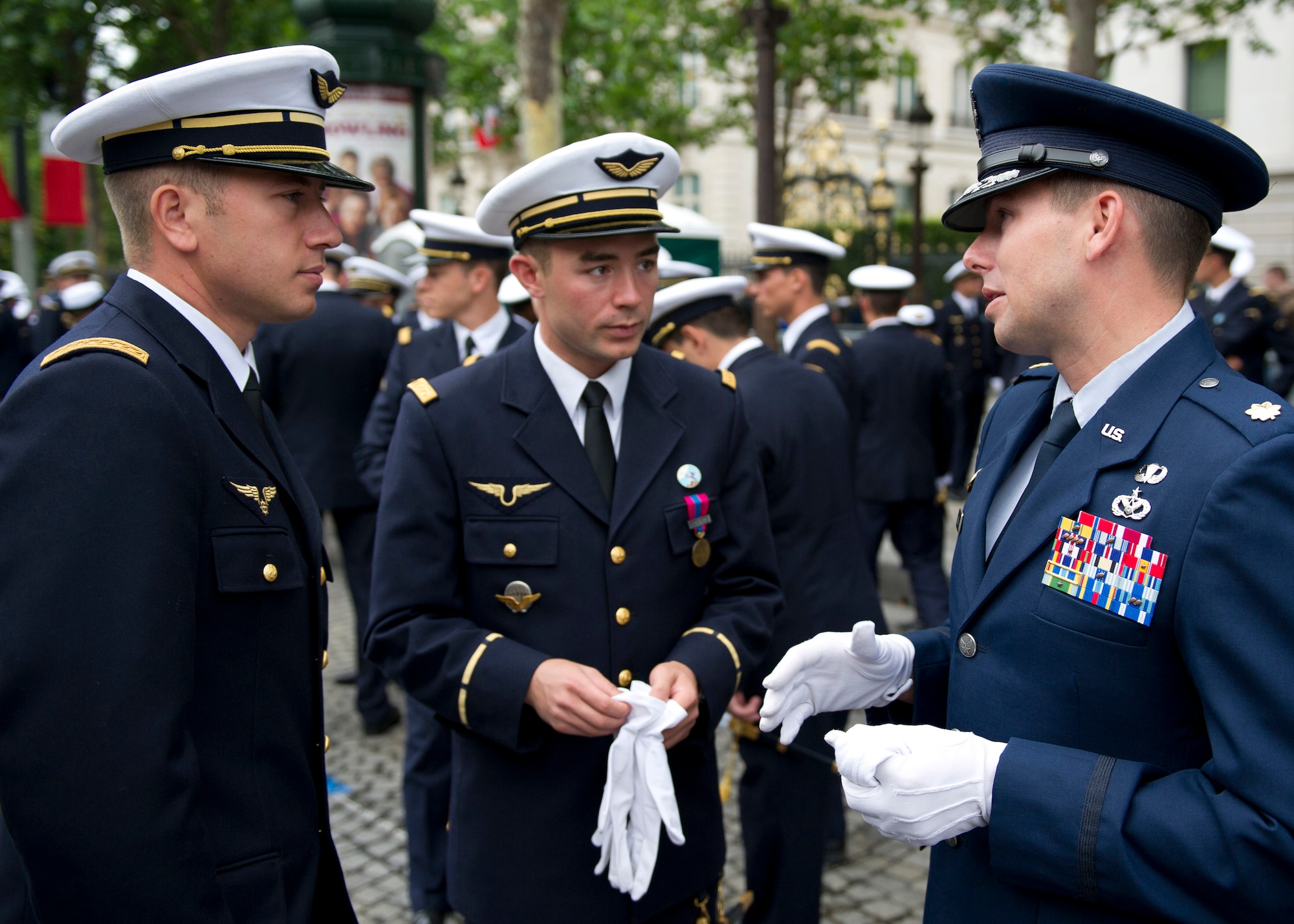 PARIS -- U.S. Air Force Maj. James Gingras, French Air Force Academy exchange officer, right, speaks with his cadets before marching in the 2012, 14th of July parade in Paris. The 14th of July, known in English by Bastille Day, is the French equivalent of the American 4th of July. It commemorates the attack on the Bastille on July 14, 1989, which preceded the French revolution. (U.S. Air Force photo/Staff Sgt. Benjamin Wilson)