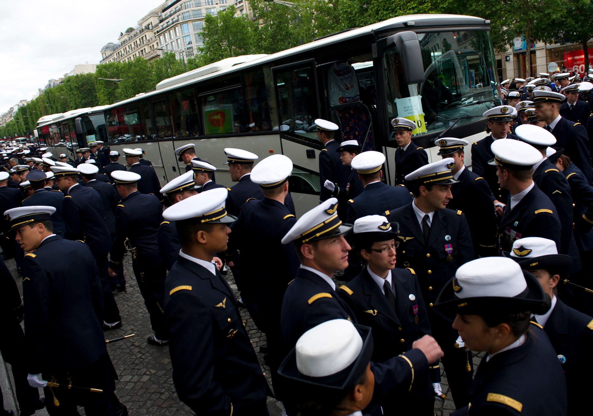 PARIS -- Cadets from the French Air Force Academy exit a bus and prepare to march in the 2012, 14th of July parade in Paris. The 14th of July, known in English by Bastille Day, is the French equivalent of the American 4th of July. It commemorates the attack on the Bastille on July 14, 1989, which preceded the French revolution. (U.S. Air Force photo/Staff Sgt. Benjamin Wilson)