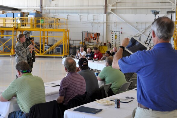 Lynn Purcell (foreground), an optometrist with Bear River Eye Center, takes photos of 302nd Civil Engineer Squadron readiness Airmen July 13, 2012, at Peterson Air Force Base, Colo. Purcell, who employs an Air Force Reservist, attended the 302nd Airlift Wing's annual Employer Appreciation Day, which recognizes the support of Reservists' civilian employers. The 302nd AW is based at Peterson Air Force Base, Colo., and is located in city of Colorado Springs. (U.S. Air Force photo/Staff Sgt. Stephen J. Collier)