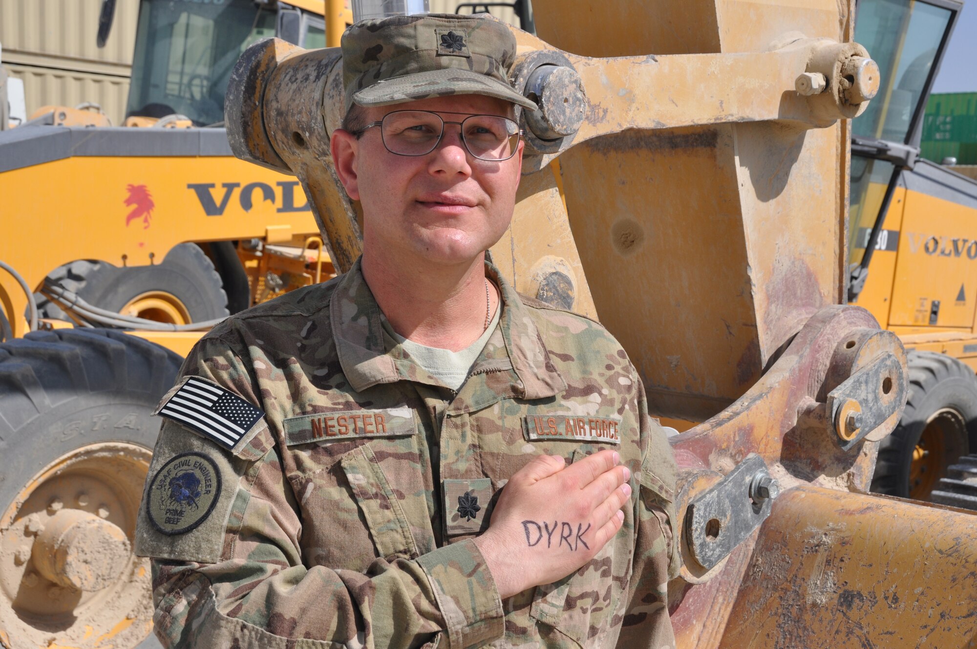 Lt. Col. Michael Nester, 577th Expeditionary Prime Beef Squadron commander and relative of Dyrk’s family, organizes the unit's "Dyrk" contribution to the hometown "Dyrkstrong" effort. Four-year-old Dyrk Burcie was diagnosed with terminal cancer, and his father's fire department co-workers began an effort to bring as many smiles to the faces of Dyrk's family as possible. (U.S. Air Force photo/TSgt Shawn David McCowan)