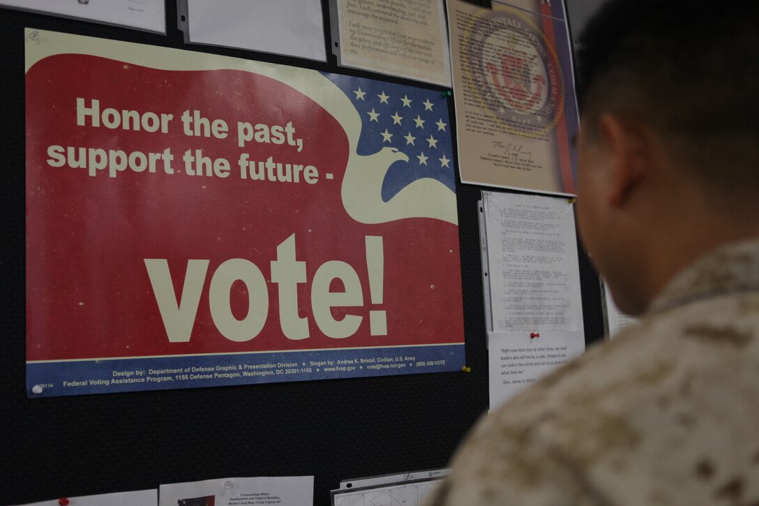 Posters encouraging Marines to engage the political systems they defend hang in various locations throughout Marine Corps Base Camp Lejeune.  With their military lifestyles and professional requirements, Marines often find politics and profession to be a balancing act. While maximum participation in the electoral process is encouraged throughout the Marine Corps, the guidelines laid out in Department of Defense Directive 1344.10 are readily available to Marines walking the politics-profession tightrope as they perform their civic and military duties.  (Photo illustration by Lance Cpl. Paul Peterson)