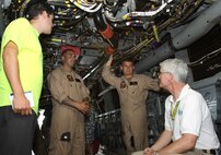 Marines with Marine Medium Tiltrotor Squadron 162, stationed aboard Marine Corps Air Station New River, give Bostonians a brief overview of the MV-22B Osprey's capabilities aboard the USS Wasp, June 29. Marines with VMM-162 staged static displays of their aircraft during Boston Navy Week to show local Bostonians how the U.S. military operates. 