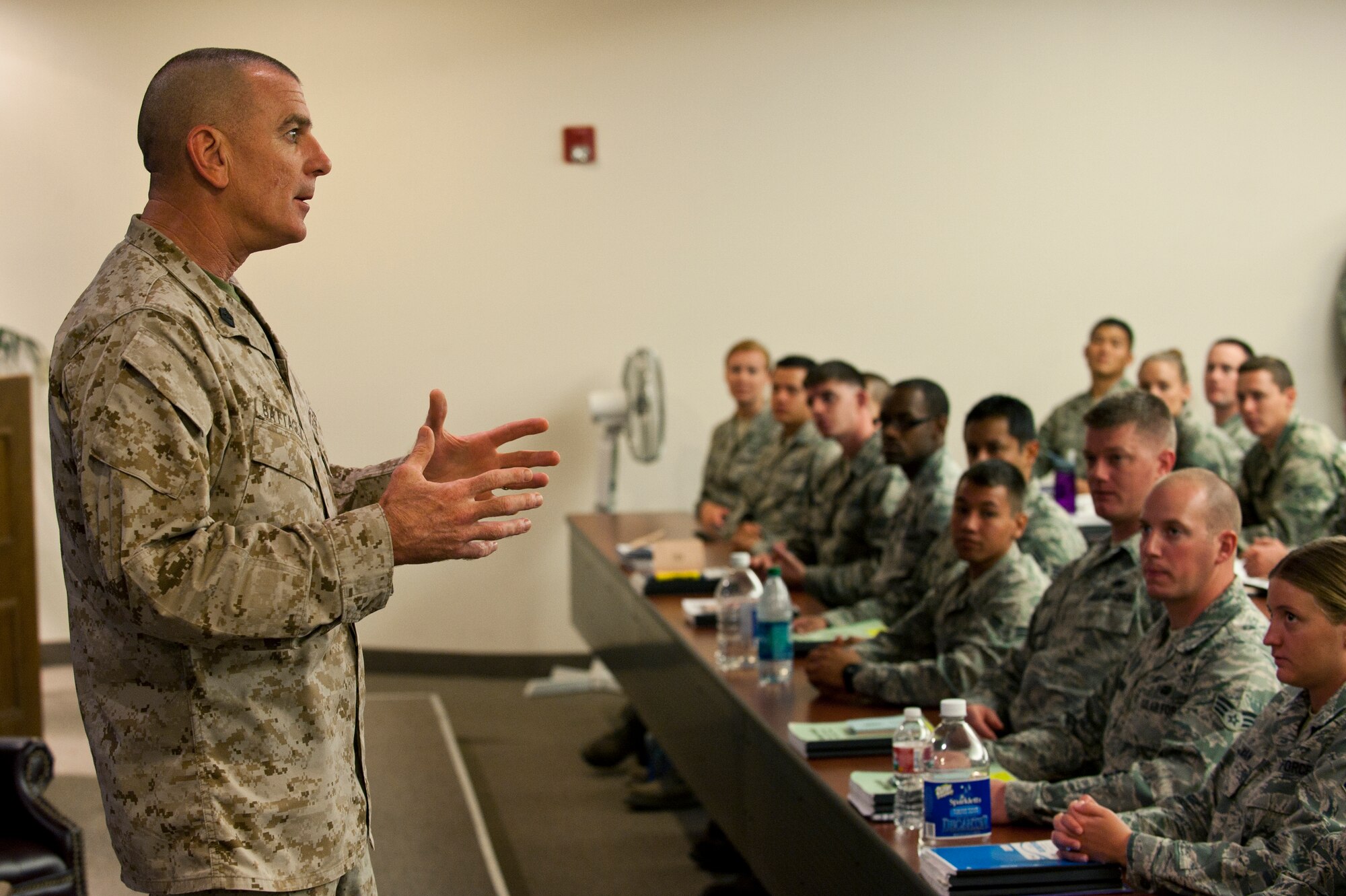 U.S. Marine Corps Sgt. Maj. Bryan Battaglia, Senior Enlisted Advisor to the Joint Chiefs of Staff speaks to Airman Leadership School and First Term Airman course students about his accomplishments throughout his career July 10, 2012, at Nellis Air Force Base, Nev. During Operation Iraqi Freedom he served as the sergeant major for the Regimental Combat Team 8 whose mission is to locate, destroy the enemy by fire and maneuver or repel the enemy's assault with fire and close combat.
(U.S. Air Force photo by Airman 1st Class Jason Couillard)