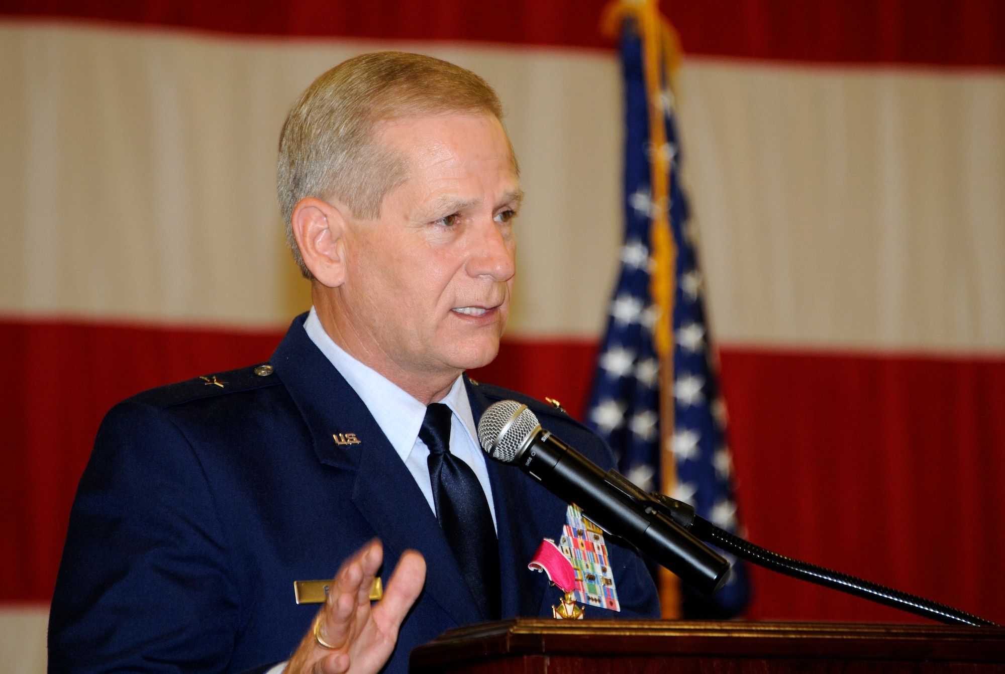 Brig. Gen. Mark H. Berry delivers a speech July 15 at the 188th Fighter Wing during his promotion ceremony. Berry became the first officer from the 188th to be promoted to brigadier general in more than 25 years. (National Guard photo by Airman Cody Martin/188th Fighter Wing Public Affairs)