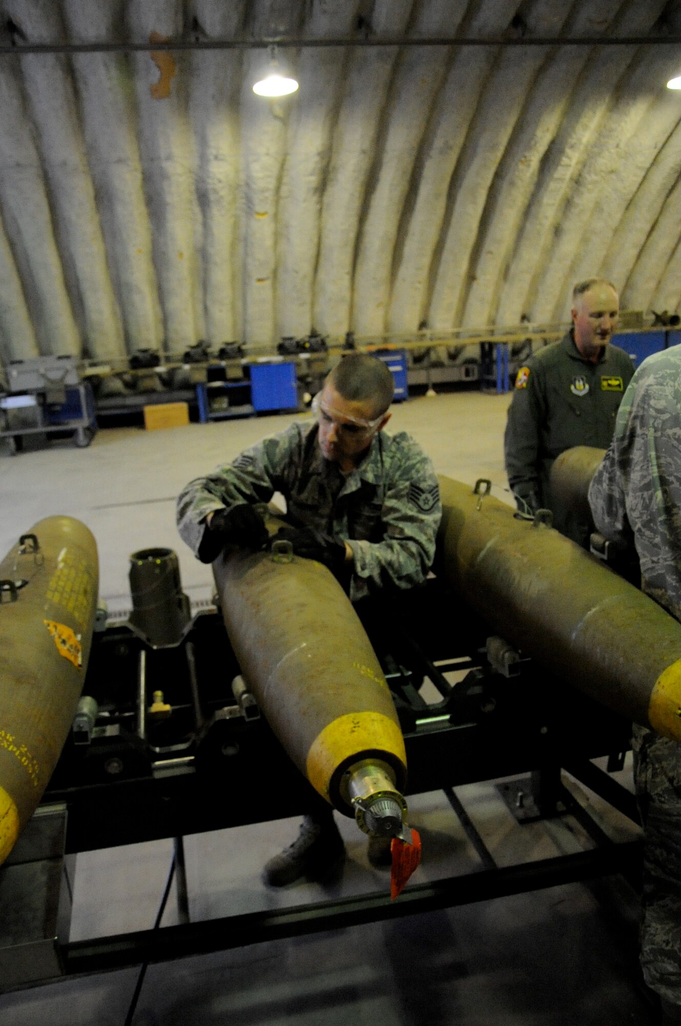 EIELSON AIR FORCE BASE, Alaska -- Staff Sgt. David Rogers, munitions technician, builds a Mark-82 for a live-employment exercise with the  A-10 Thunderbolt II aircraft assigned to the 442nd Fighter Wing and deployed here for training. The munitions technicians are assigned to the 442nd Maintenance Squadron, part of the 442nd FW, Air Force Reserve unit at Whiteman Air Force Base, Mo. (U.S. Air Force photo/Staff Sgt. Danielle Johnston)
