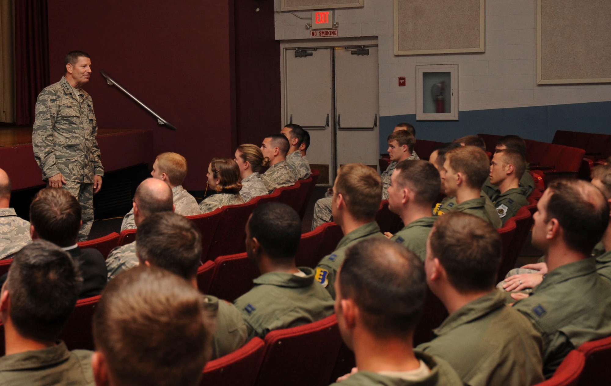 Lt. Gen. Robin Rand, 12 Air Force commander, speaks to officers during the 12th Air Force commander’s call at the base theater on Ellsworth Air Force Base, S.D., July 13, 2012. Lt. Gen. Rand visited various base facilities where he had the opportunity to observe many facets of Ellsworth’s mission. (U.S. Air Force photo by Airman 1st Class Anania Tekurio/Released)  