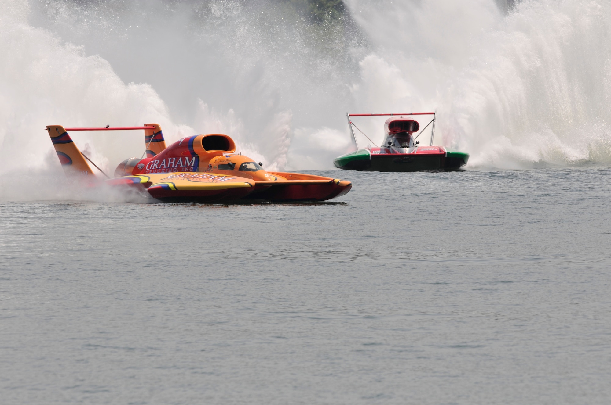 Heat 1B boats U-5 Graham Trucking and U-6 Oh Boy! Oberto battle it out for first place. Final results: 1st U-6 Oh Boy! Oberto; 2nd U-5 Graham Trucking; 3rd Degree Men; 4th U-57 Formularboats.com at the 2012 Lucas Oil Indiana Governor’s Cup, 62nd Annual Madison Regatta, July 7, 2012. H1 Unlimited is partner with the Air National Guard Hydroplane Series. (National Guard photo by Master Sgt. Kurt Skoglund/Released) 
