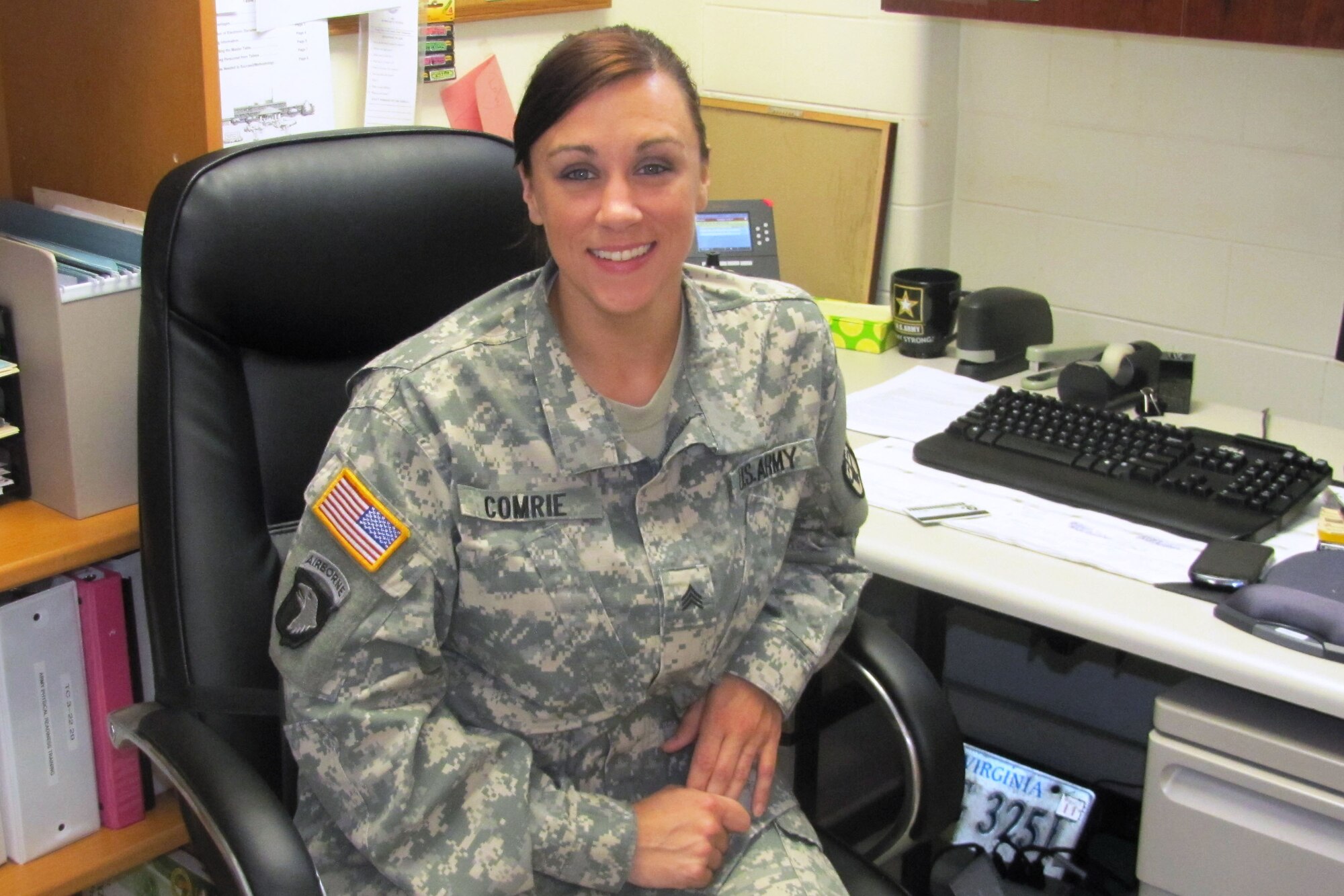 U.S. Army Sgt. Sara Comrie, the McDonald Army Health Center Troop 1 Medical Clinic noncommissioned officer-in-charge, won the U.S. Medical Department Activity’s 2012 Noncommissioned Officer of the Year award. Comrie competed against other Soldiers in an Army physical training test, a weapons qualification test, a land navigation course and a four-mile road march with a 45-pound pack. (U.S. Army photo by Marlon Martin/Released)